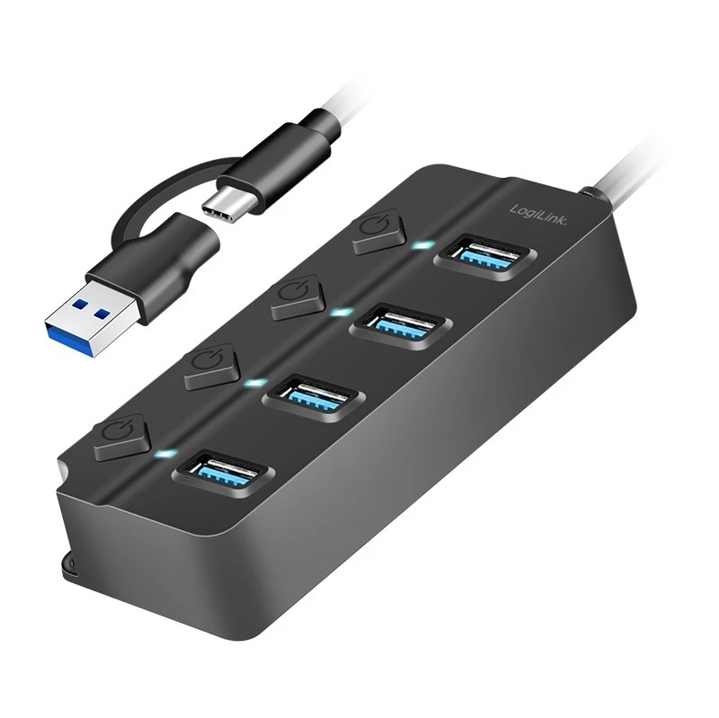 LogiLink HUB 4xUSB-A, Gen1, 4x ON/OFF, juoda