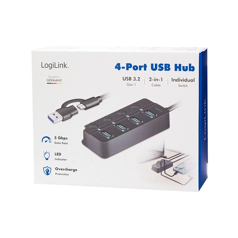 LogiLink HUB 4xUSB-A, Gen1, 4x ON/OFF, juoda