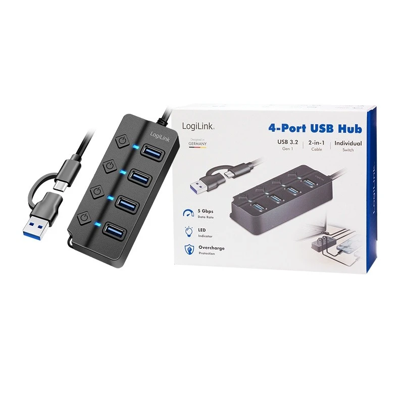 LogiLink HUB 4xUSB-A, Gen1, 4x ON/OFF, juoda