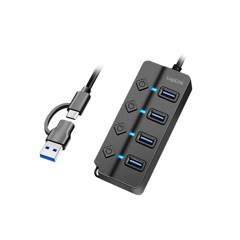 LogiLink HUB 4xUSB-A, Gen1, 4x ON/OFF, juoda