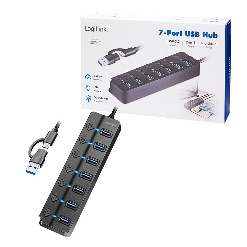 HUB USB LogiLink LogiLink USB 3.2 Gen1 Hub 7 Port Ein-/Ausschalter juodas