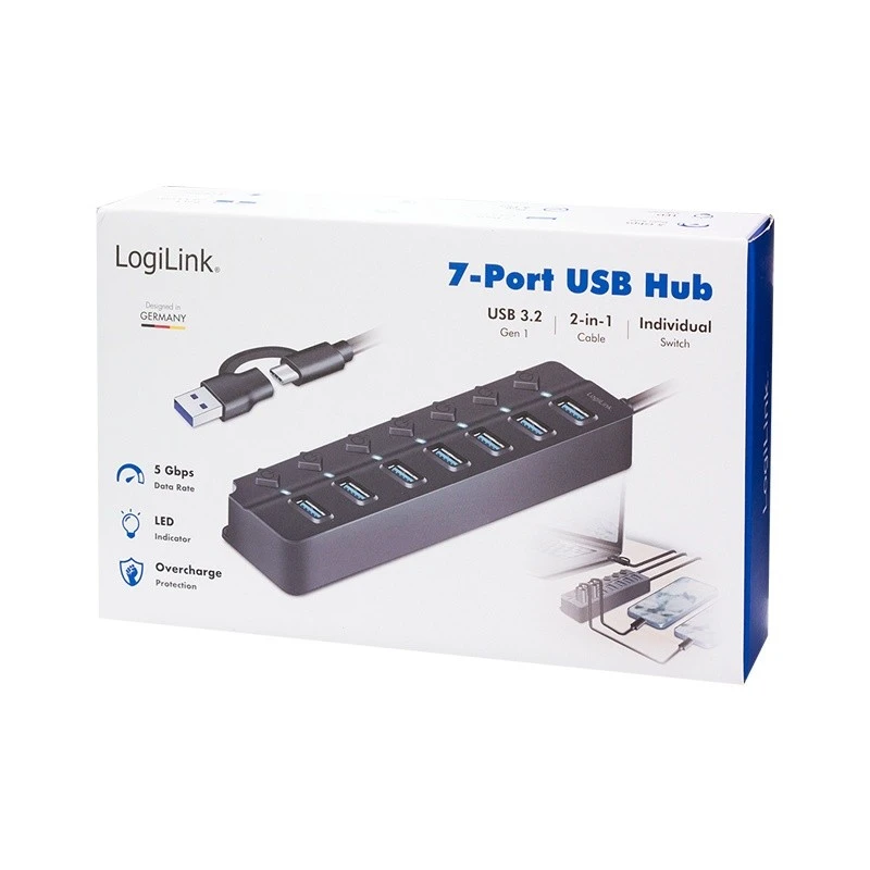HUB USB LogiLink LogiLink USB 3.2 Gen1 Hub 7 Port Ein-/Ausschalter juodas