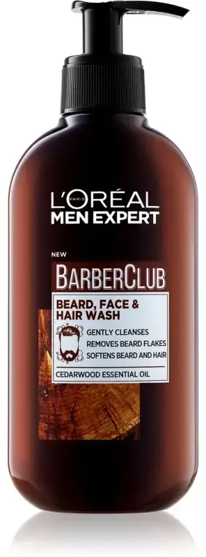 L'Oréal Paris Men Expert Barber Club barzdos, veido ir plaukų prausiklis barzdos plovimui vyrams, 200 ml