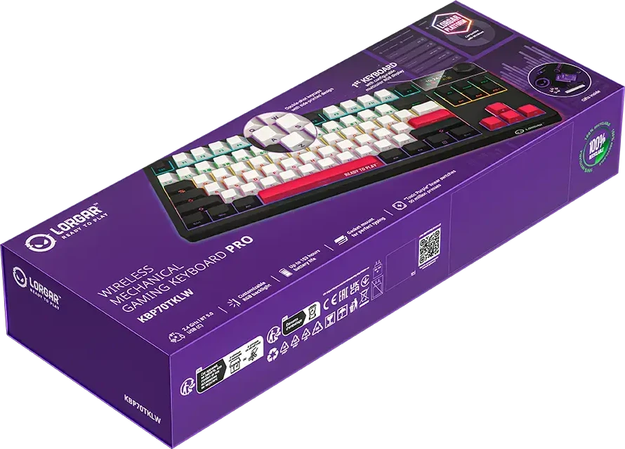 LORGAR KBP70TKLW, Wireless TKL Mechaninė klaviatūra žaidimams Pro, Juodas/red, EN išdėstymas
