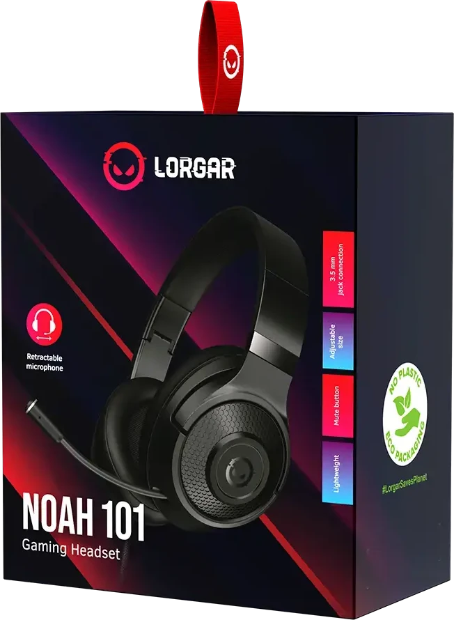 LORGAR Noah 101, Žaidimų ausinės su mikrofonu, 3.5mm jack connection, kabelio ilgis 2m, sulankstomos design, PU leather ear pads, size: 185*195*80mm, 0.245kg, juodas