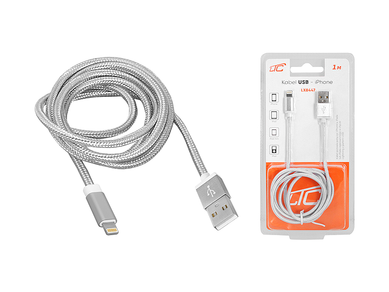 Lamex LTC PS USB-Iphone kabelis, 1 m, sidabrinės spalvos.