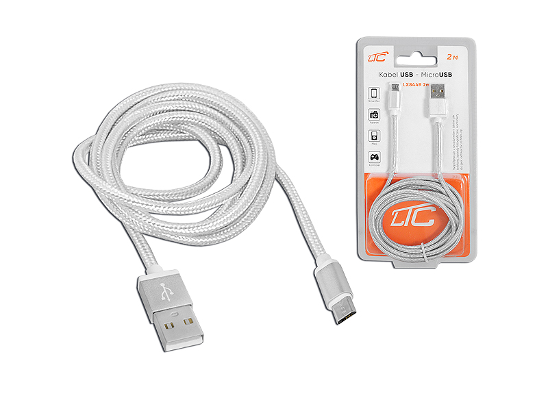 Lamex LTC PS USB -mikroUSB kabelis 2 m, sidabrinės spalvos.