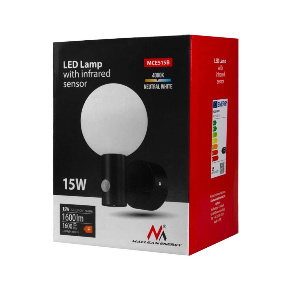 Maclean LED lempa su judesio jutikliu, PIR judesio jutiklis, juoda, 15W, IP65, 1600lm, neutrali balta spalva (4000K) MCE515 B