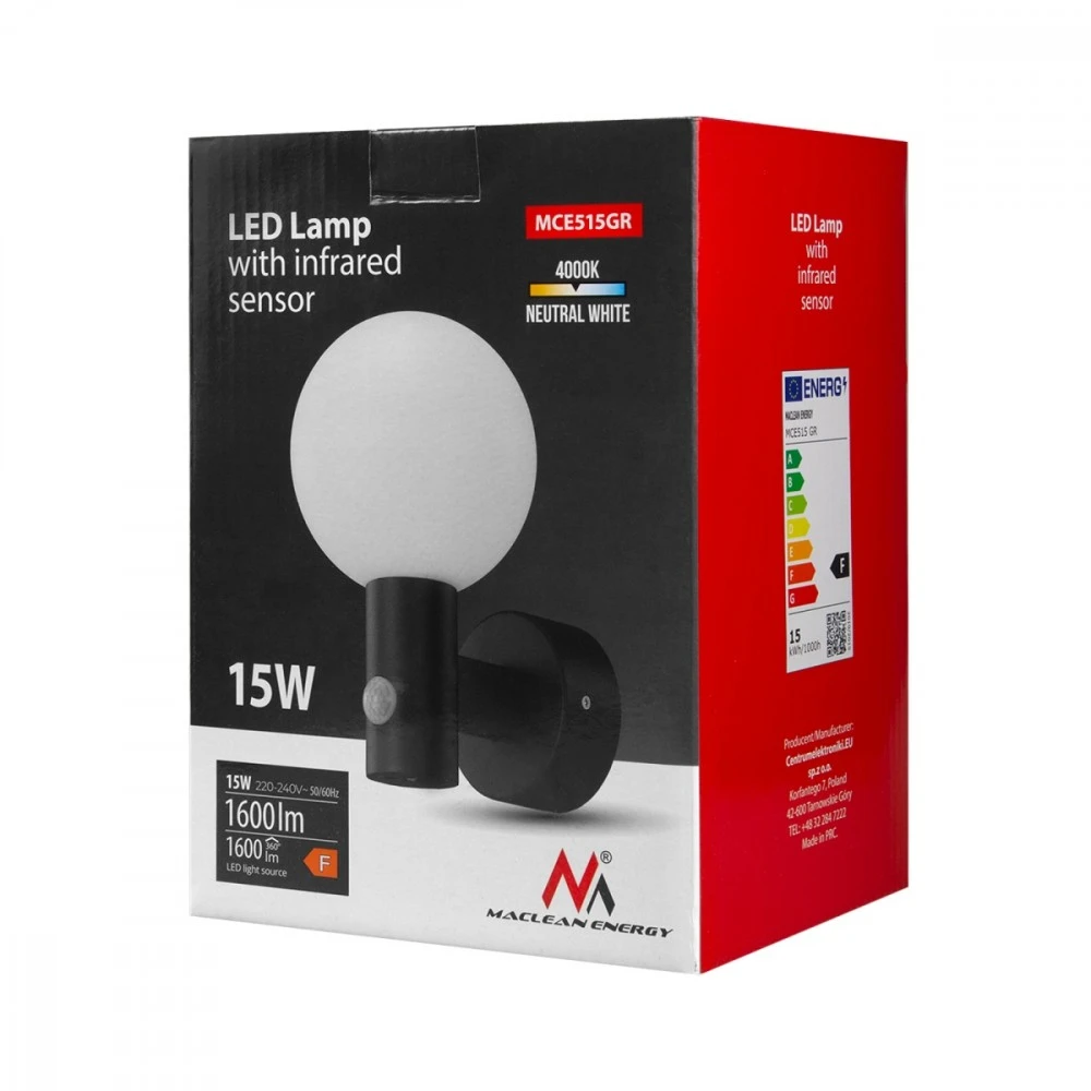 Maclean LED lempa su judesio jutikliu, PIR judesio jutiklis, pilka spalva, 15W, IP65, 1600lm, neutrali balta spalva (4000K) MCE5