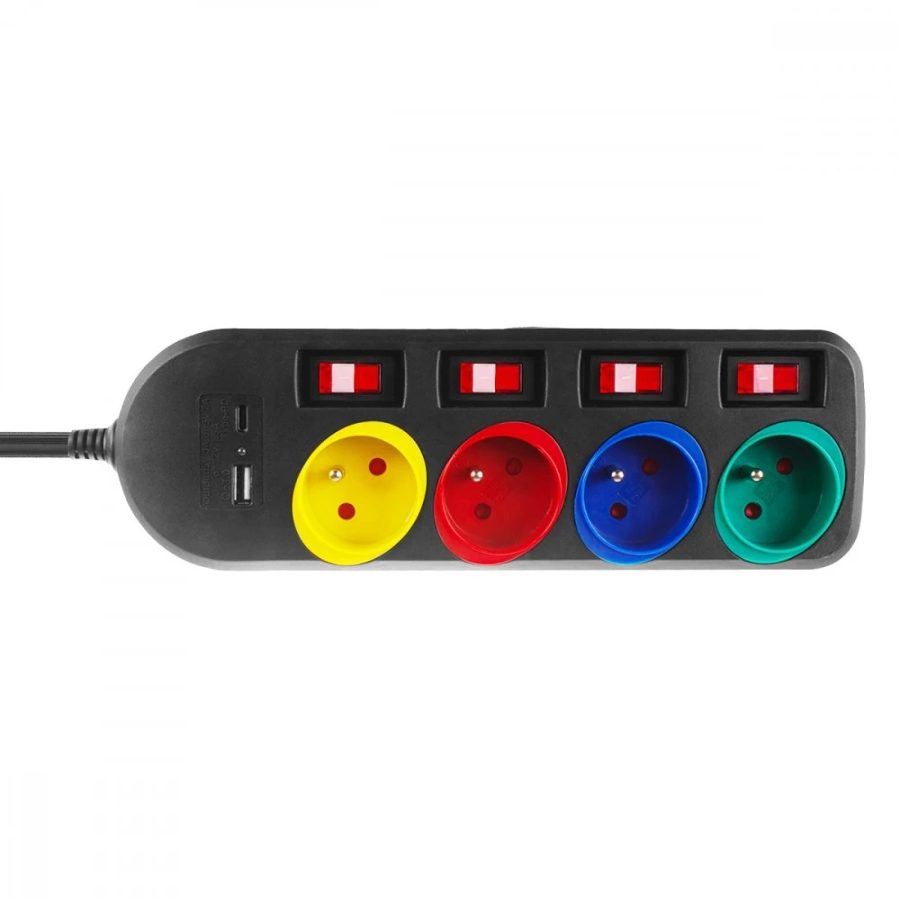 Listwa „Maclean“ maitinimo laidas, 4 lizdų + USB, su jungikliais, 250 V kintamoji srovė / 10 A, 1,5 m, juodas, MCE508 B