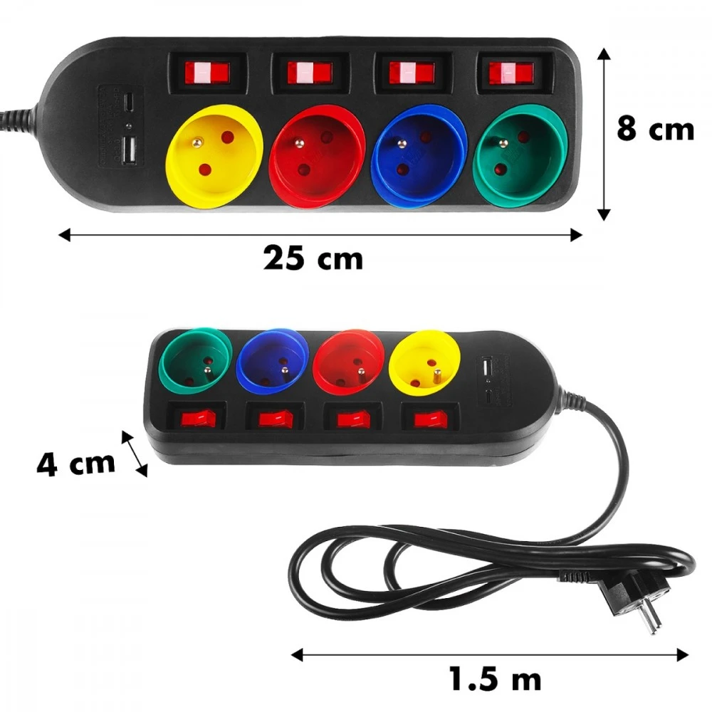 Listwa „Maclean“ maitinimo laidas, 4 lizdų + USB, su jungikliais, 250 V kintamoji srovė / 10 A, 1,5 m, juodas, MCE508 B