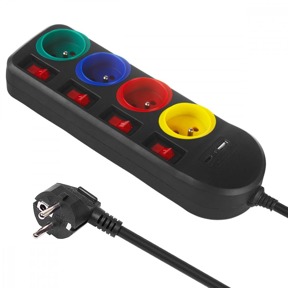 Listwa „Maclean“ maitinimo laidas, 4 lizdų + USB, su jungikliais, 250 V kintamoji srovė / 10 A, 1,5 m, juodas, MCE508 B