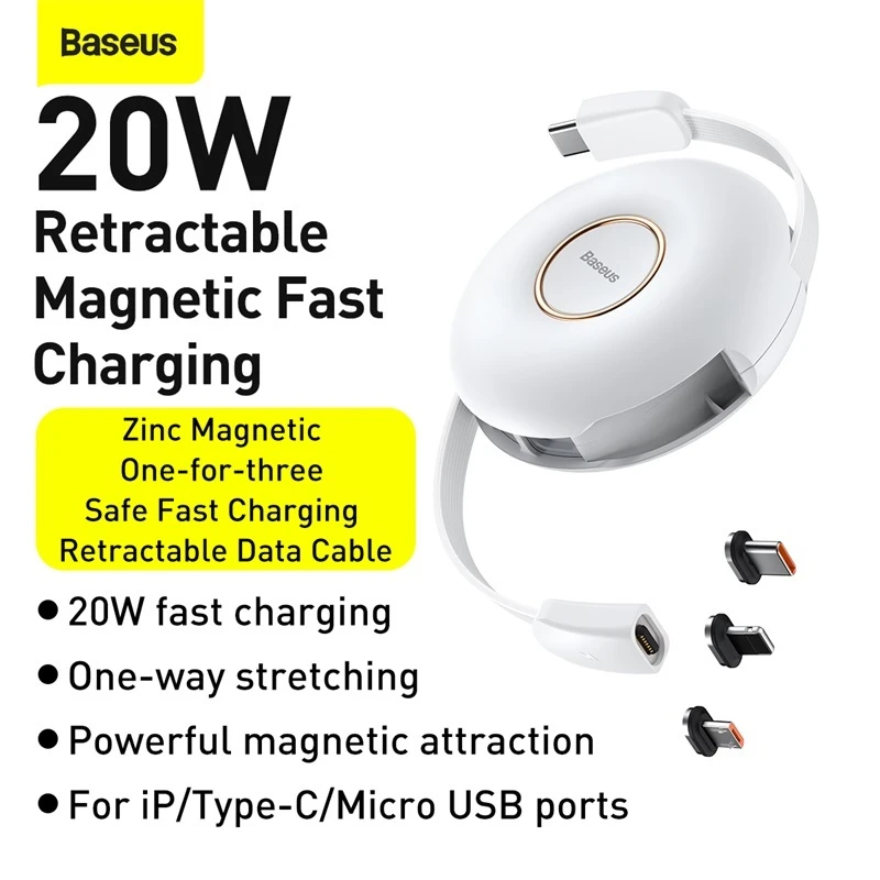 Magnetinis USB kabelis Baseus Zinc 3in1 USB-C | Lightning | Micro 20W, 1m (baltas)