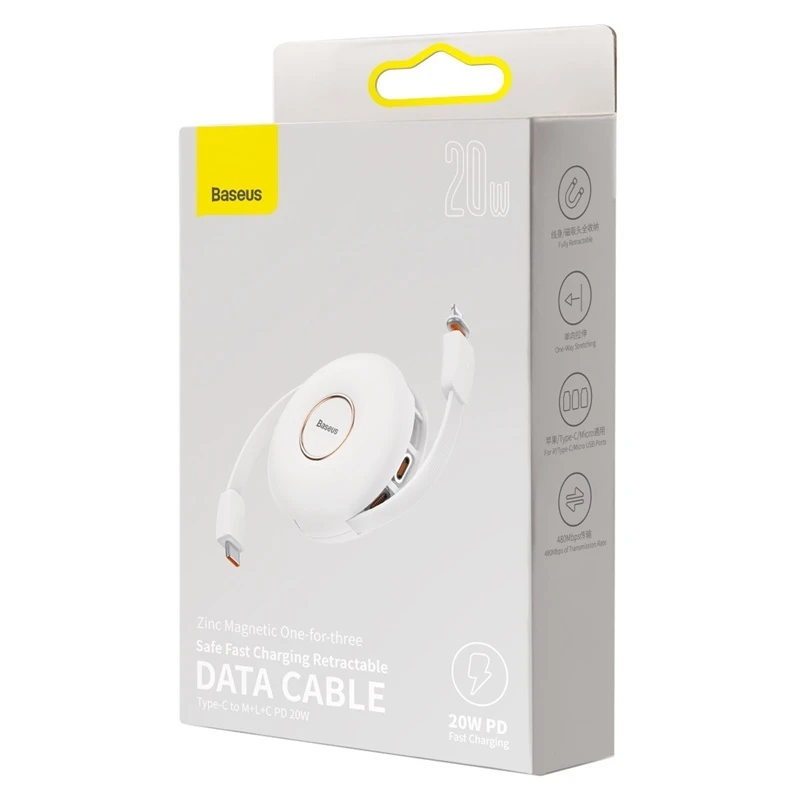 Magnetinis USB kabelis Baseus Zinc 3in1 USB-C | Lightning | Micro 20W, 1m (baltas)
