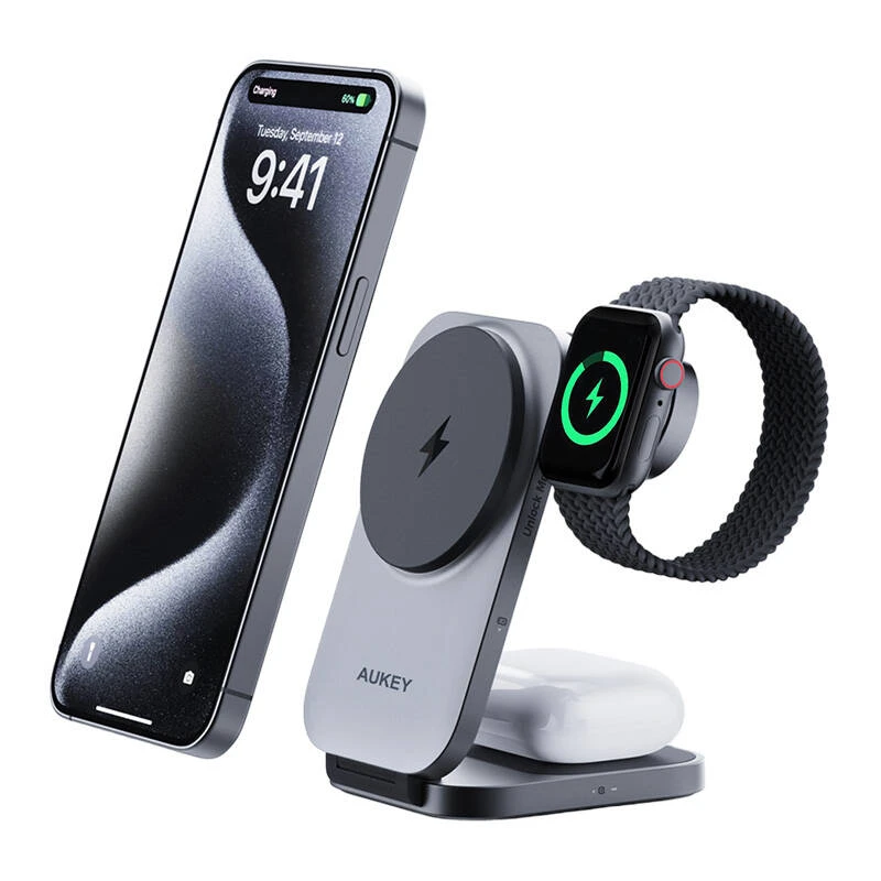 Magnetinis belaidis įkroviklis 3 viename MagFusion Aukey LC-MC312, 15 W Qi2 (pilka)