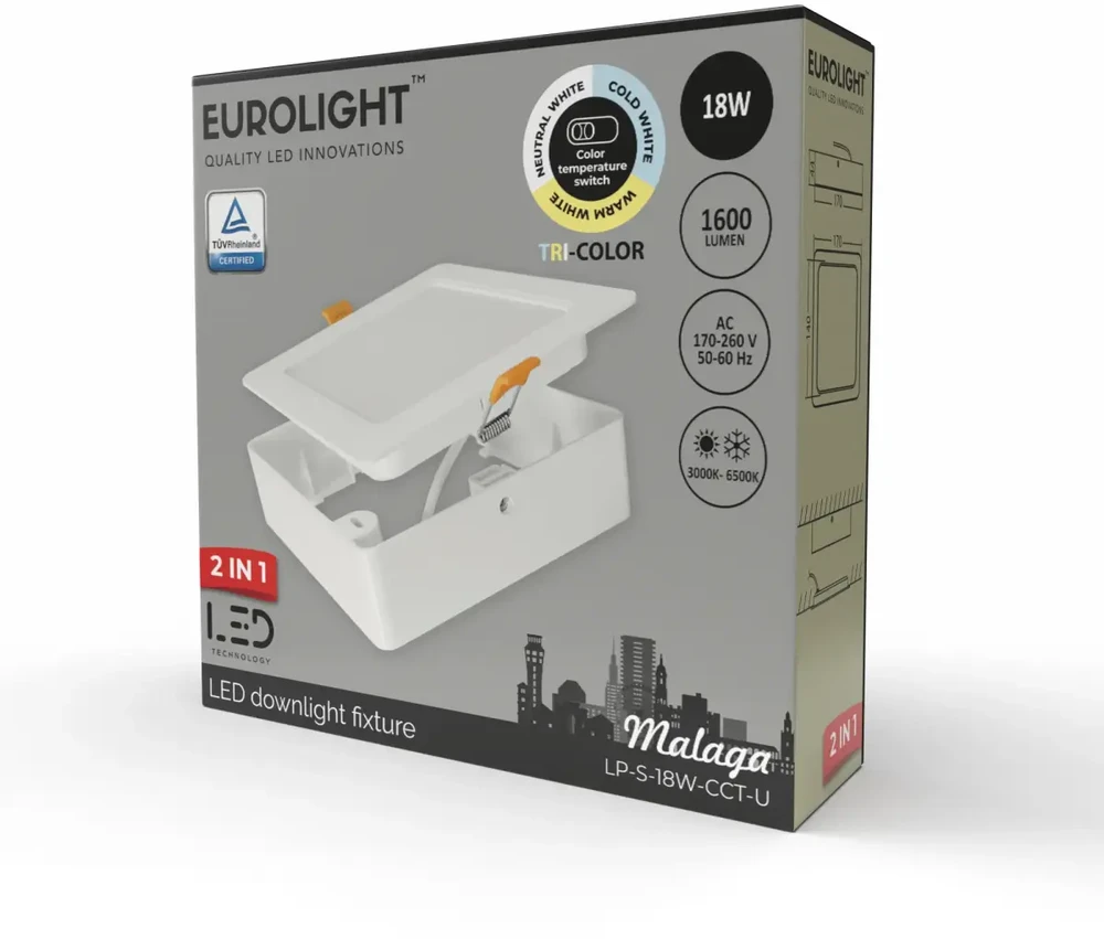 MALAGA LED panelė, kvadratinė, universali 18W 85lm/W CRI80+ CCT Eurolight