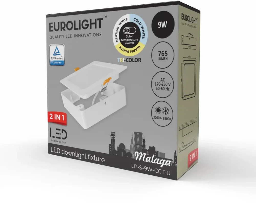 MALAGA LED panelė, kvadratinė, universali 9W 85lm/W CRI80+ CCT Eurolight