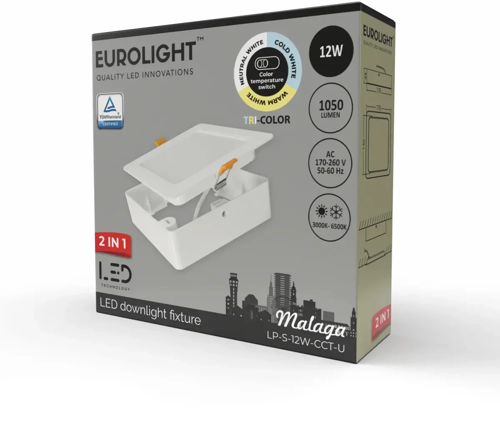 MALAGA LED panelė, kvadratinė, universali 12W 85lm/W CRI80+ CCT Eurolight