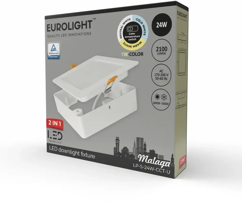 MALAGA LED panelė, kvadratinė, universali 24W 85lm/W CRI80+ CCT Eurolight