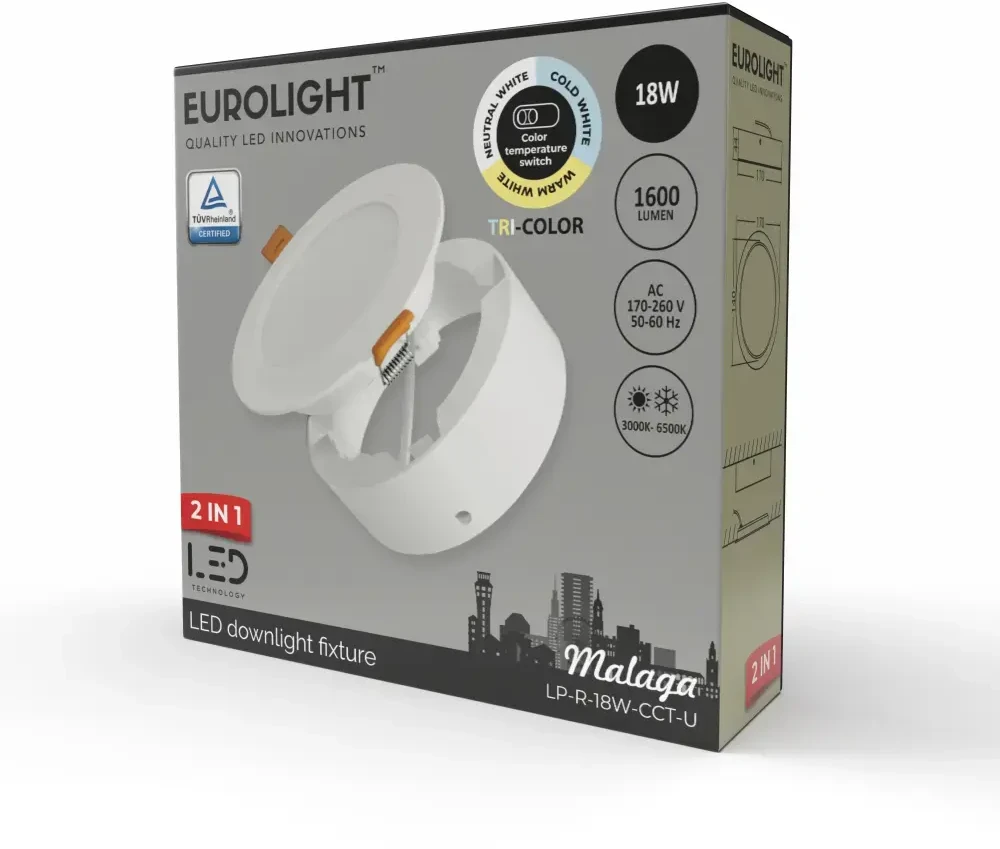 MALAGA LED panelė universali 18W 85lm/W CRI80+ CCT Eurolight