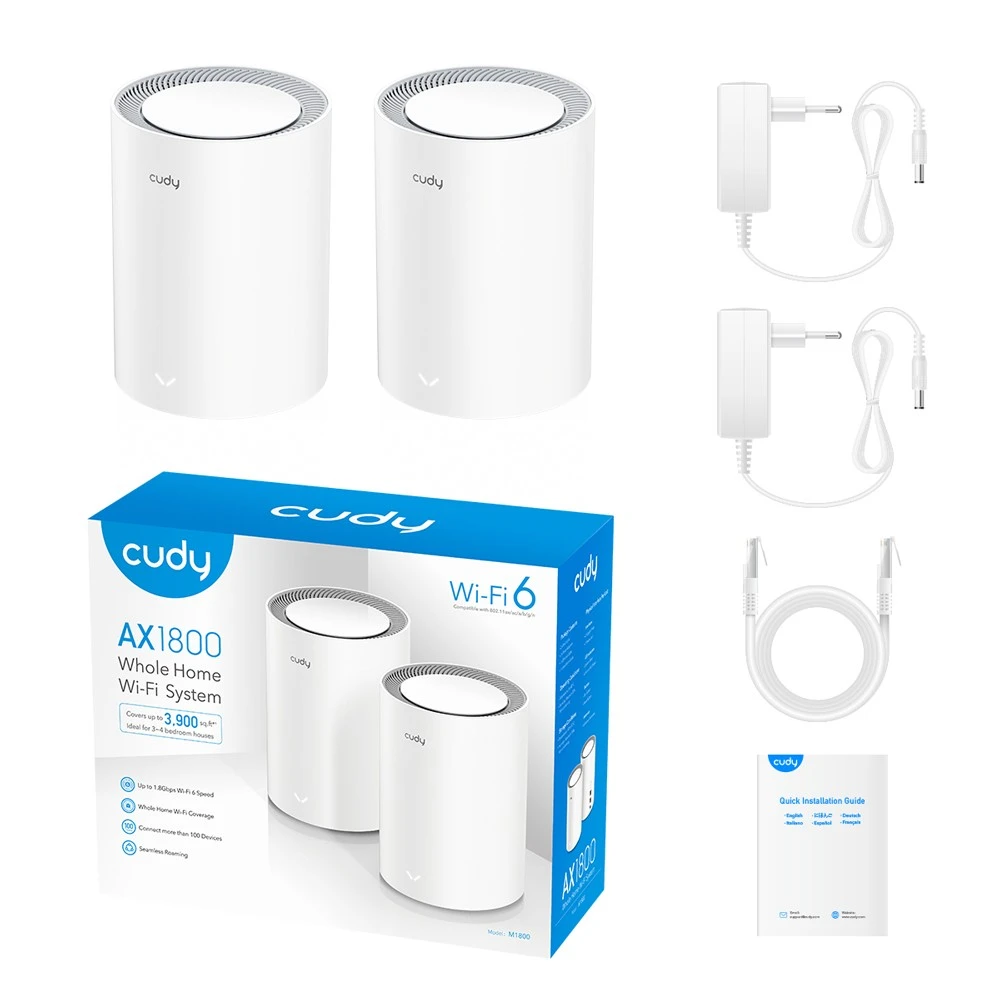 Maršrutizatorius NAMŲ SISTEMA WI-FI CUDY-M1800/2 Wi-Fi 6, 2.4 GHz, 5 GHz, 574 Mbps + 1201 Mbps