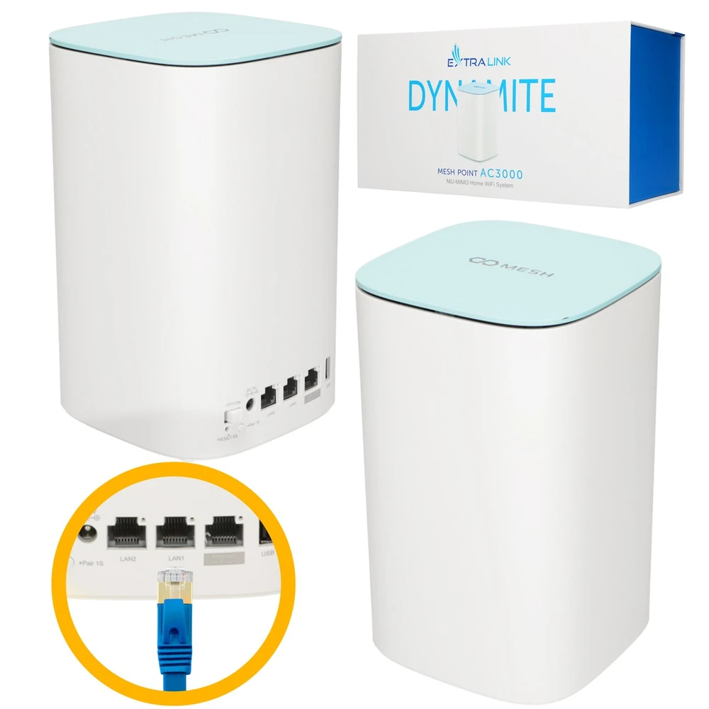 Maršrutizatorius Extralink DYNAMITE C31 MESH POINT AC3000 MU-MIMO HOME WIFI SYSTEM Dviguba juosta (2,4 GHz / 5 GHz) Wi-Fi 5 (802.11ac) Mėlyna, Balta 3 Vidinis