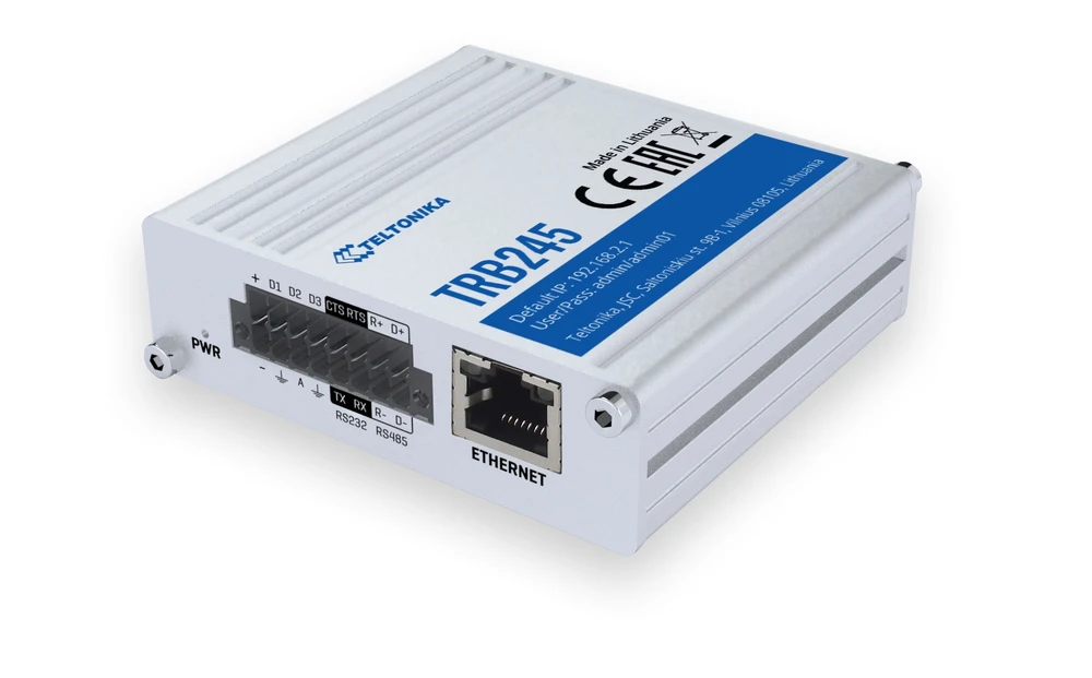 Šakotuvas Teltonika TRB245 LTE Gateway: Be WiFi, 4G, Dual SIM, Enthernet prievadas, RS232+RS485 jungtys, GPS Teltonika