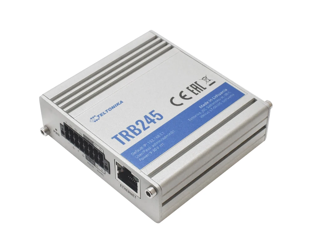 Šakotuvas Teltonika TRB245 LTE Gateway: Be WiFi, 4G, Dual SIM, Enthernet prievadas, RS232+RS485 jungtys, GPS Teltonika