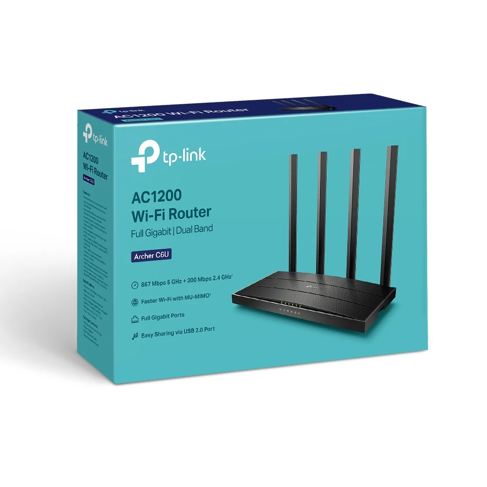 TP-LINK | AC1200 belaidis gigabito maršrutizatorius | Archer C6U | 802.11ac | 300+867 Mbit/s | 10/100/1000 Mbit/s | Ethernet LAN (RJ-45) jungtys 4 | Mesh palaikymas: Ne | MU-MiMO: Taip | Ne, mobilusis plačiajuostis ryšys: Ne | Antenos tipas: Išorinė | 1× USB 2.0