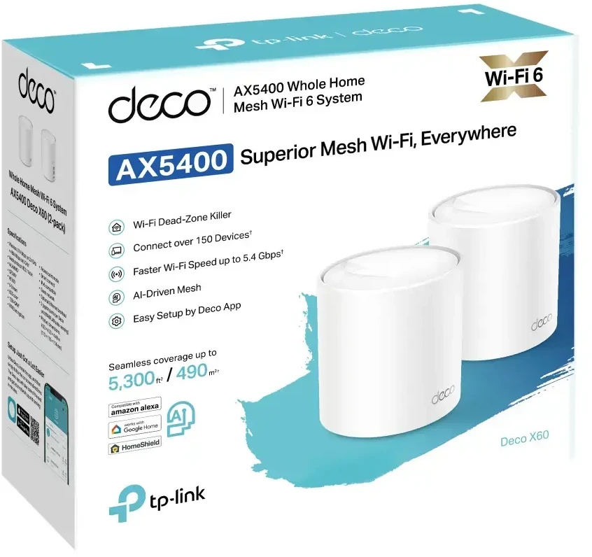 Maršrutizatorius TP-LINK Deco X60 AX3000 Wi-Fi 6 viso namo tinklelio sistema 2 paketų keturių branduolių procesorius 2x GE RJ45 4xint.antenos MU-MIMO