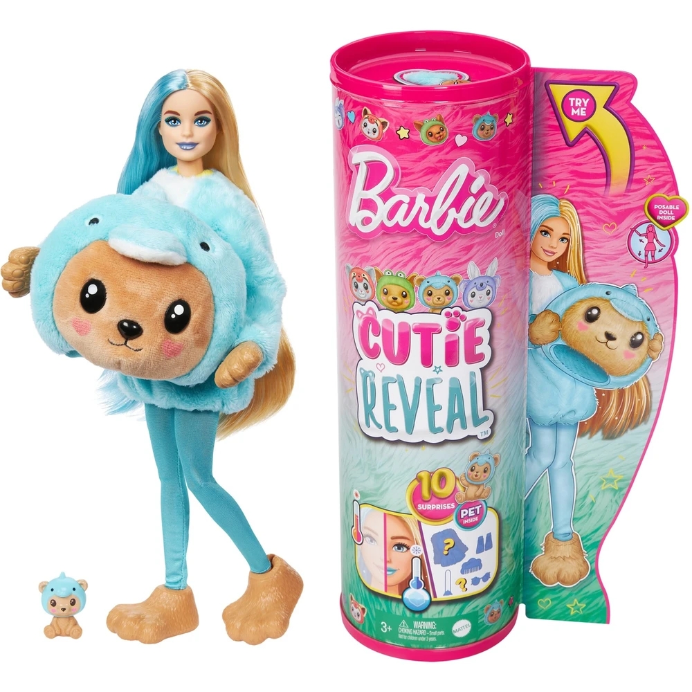 Barbės „Cutie Reveal“ rinkinys, minkštutėlių kostiumų serija - meškutis + delfinas
