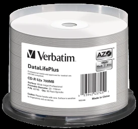 VERBATIM 43745 CD-R Verbatim 50vnt, 700MB, 52x, verpstė Baltas PLATUS SPAUSDINAMAS PAVIRŠIAUS