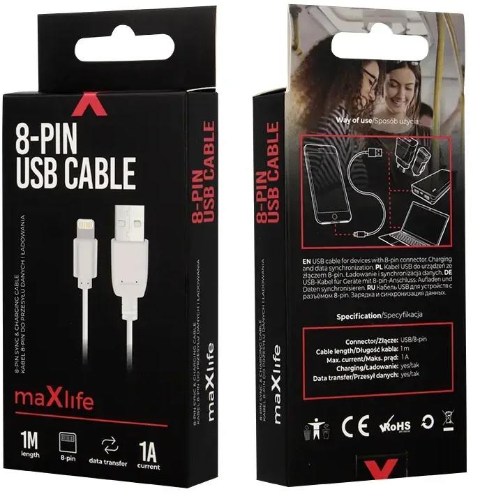 USB kabelis Maxlife Apple Lightning baltas, 1A, 1.0m