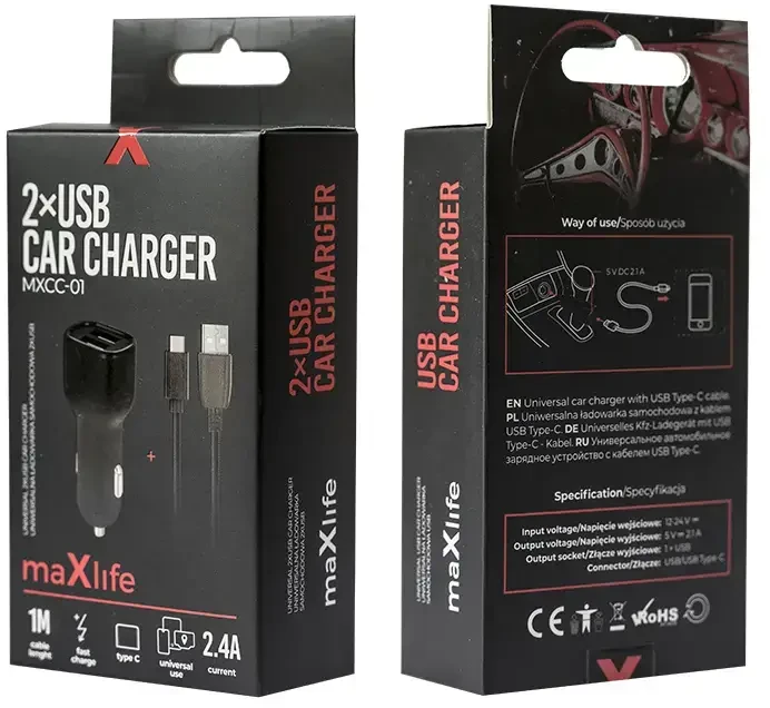 Maxlife MXCC-01 automobilinis įkroviklis | 12 W | USB-A | su USB-A į USB-C kabeliu komplekte | juodas