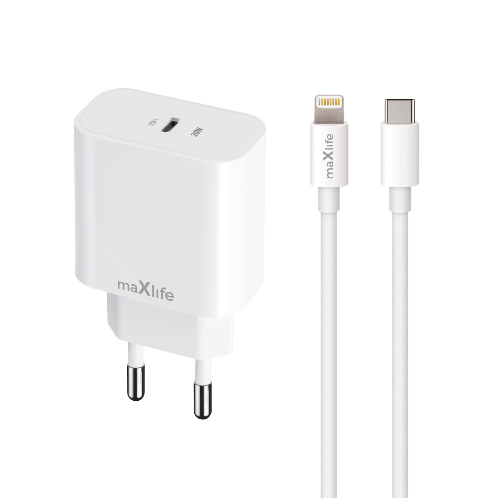 Maxlife MXTC-06-20C PD QC įkroviklis 1x USB-C 20W baltos spalvos + USB-C - Lightning kabelis 20W