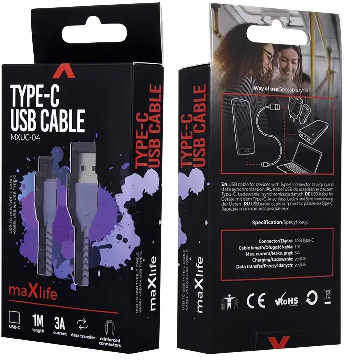 Maxlife MXUC-04 duomenų perdavimo ir įkrovimo kabelis | USB-A į USB-C | 15W | 1m | purpurinis