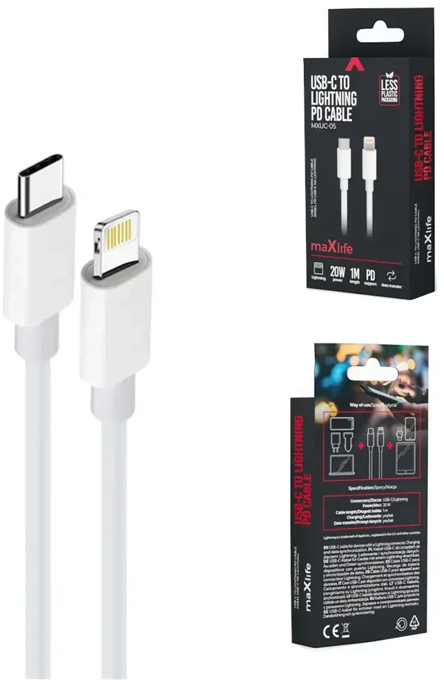 Maxlife MXUC-05 duomenų perdavimo ir įkrovimo kabelis | USB-C į Lightning | 20W | 1m | baltas