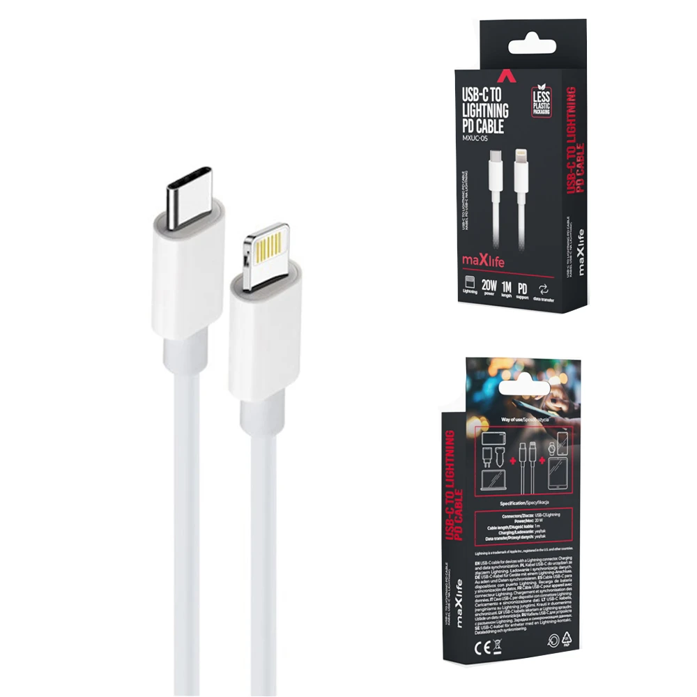 Maxlife MXUC-05 laidas USB-C – Lightning 1,0 m 20W baltas