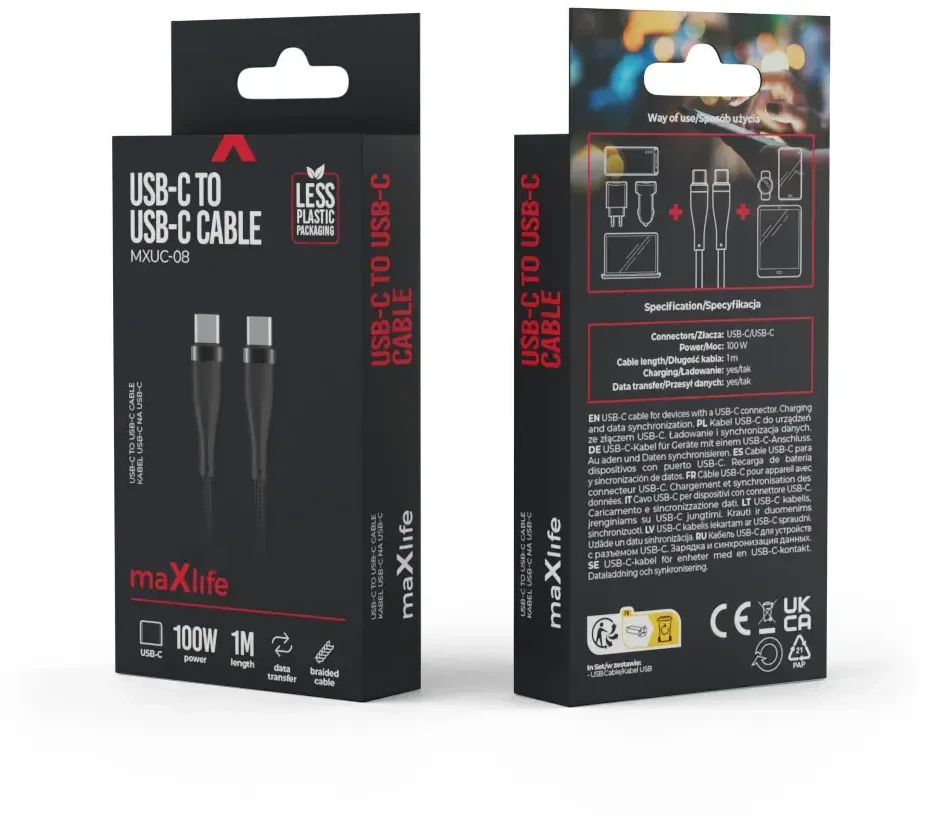 Maxlife MXUC-08 laidas USB-C – USB-C 1,0 m 100W juodas nailoninis