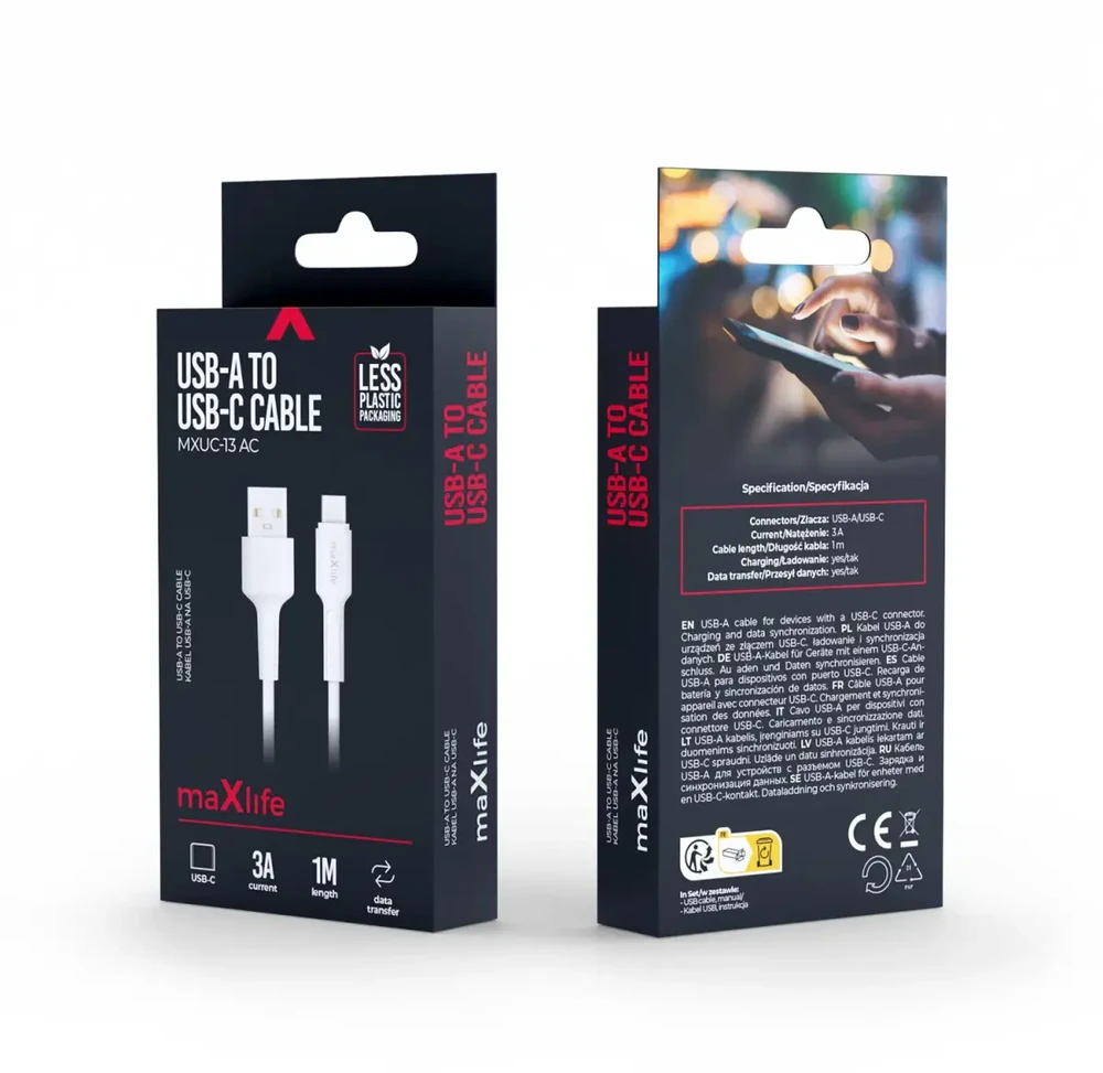 Maxlife MXUC-13 duomenų perdavimo ir įkrovimo kabelis | USB-A į USB-C | 15 W | 1 m | balta