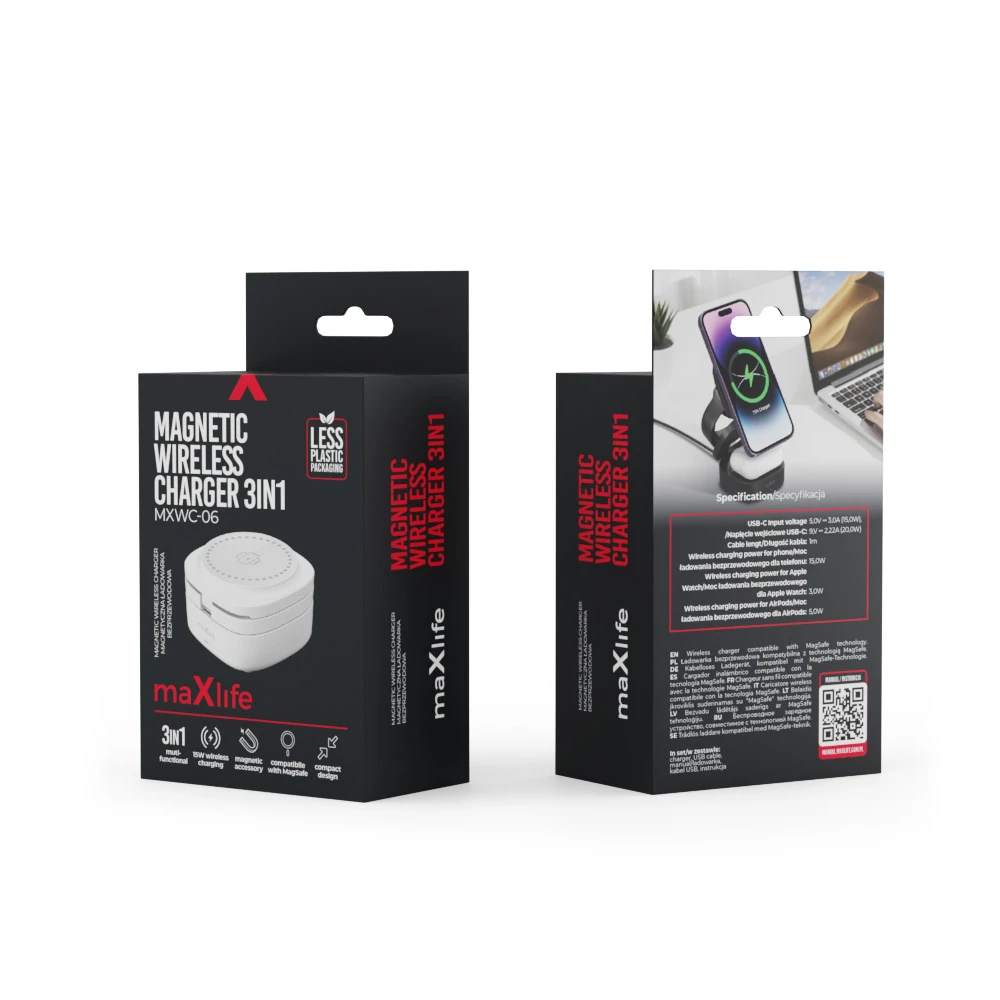 Maxlife MXWC-06 magnetinis belaidis įkroviklis 15W baltos spalvos 3in1