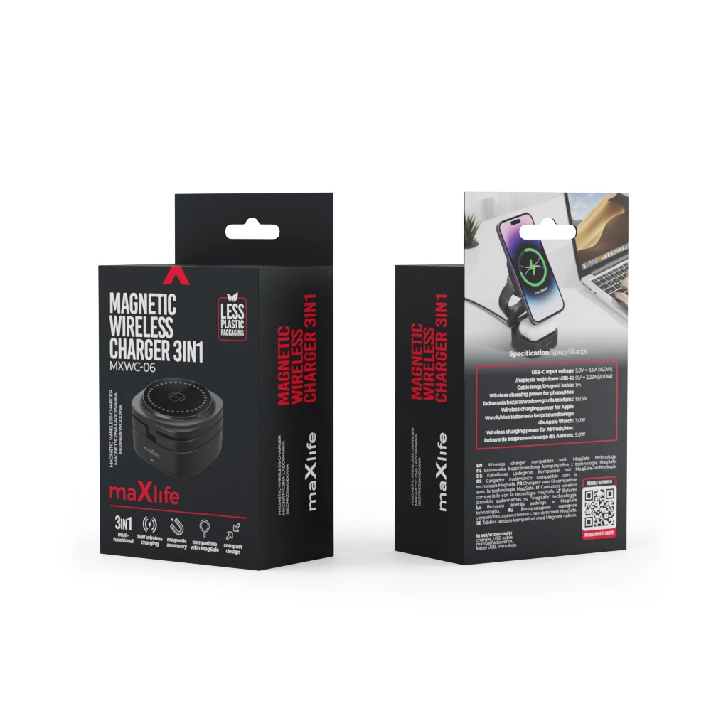 Maxlife MXWC-06 magnetinis belaidis įkroviklis 15W juodos spalvos 3in1
