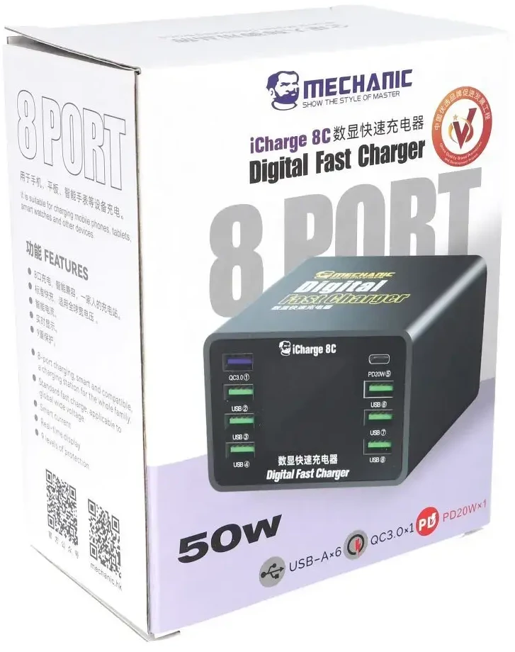 Mechanic MECHANIKOS „iCharge 8C“ 8 prievadų nuolatinės srovės maitinimo šaltinis PD QC3.0