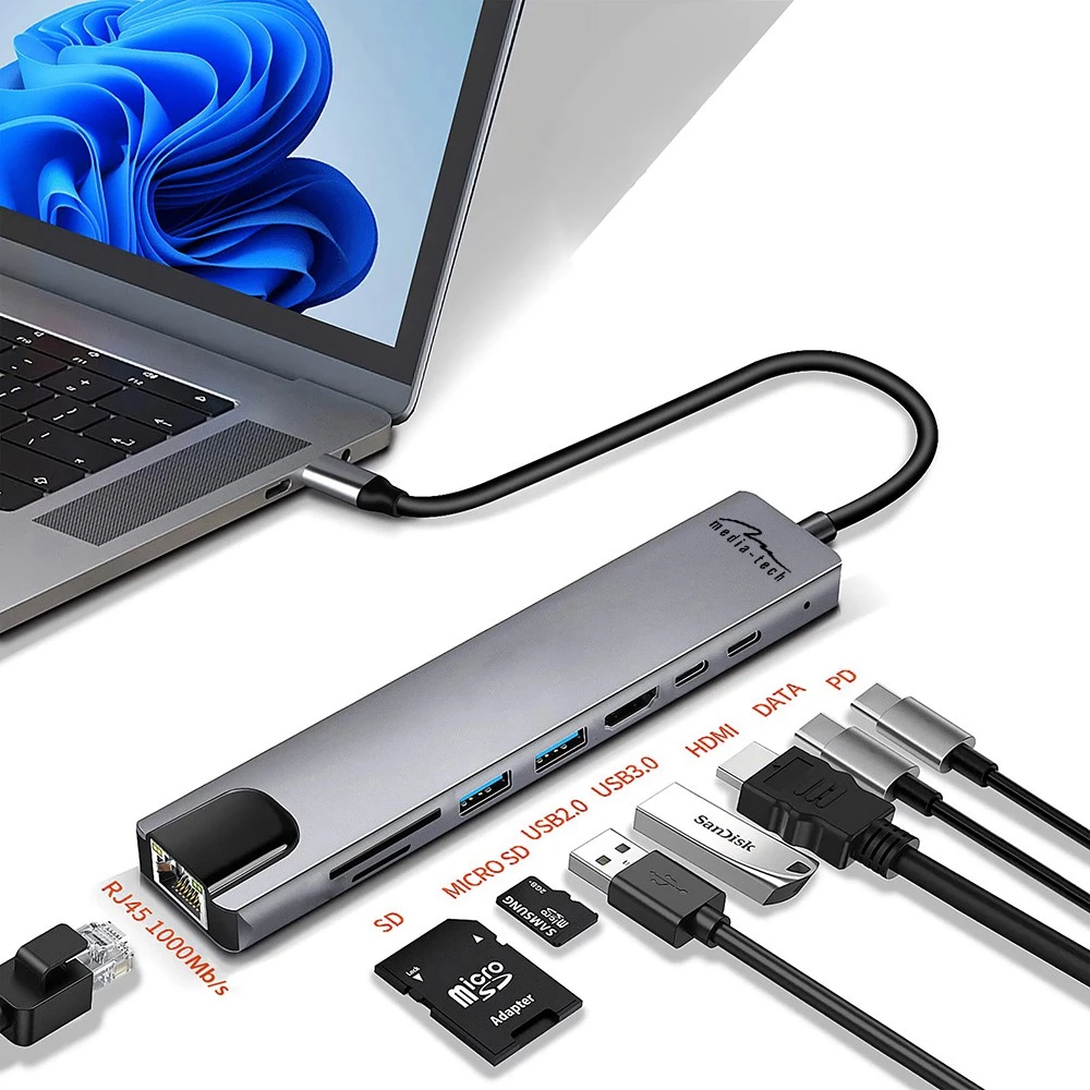 Media-Tech 8-in-1 daugiafunkcis USB-C adapteris