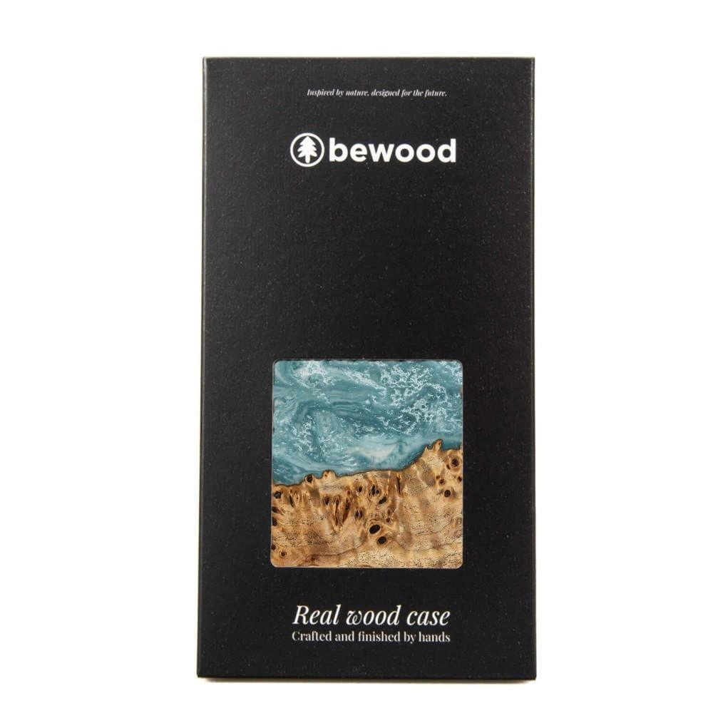 Medinis ir dervos dėklas skirtas iPhone 15 Plus Bewood Unique Uranus - mėlyna ir balta