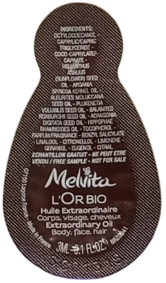 Melvita, L'or Bio, ekologiškas, maitinamasis, kūno aliejus, kūnui, veidui, plaukams, dienai, nakčiai, 3 ml *mėginėlis