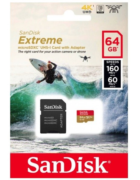 Atminties kortelė SANDISK Extreme Micro SDXC 64 GB veiksmo kameroms ir dronams + SD adapteris 160 MB/s A2 C10 V30 UHS-I U3