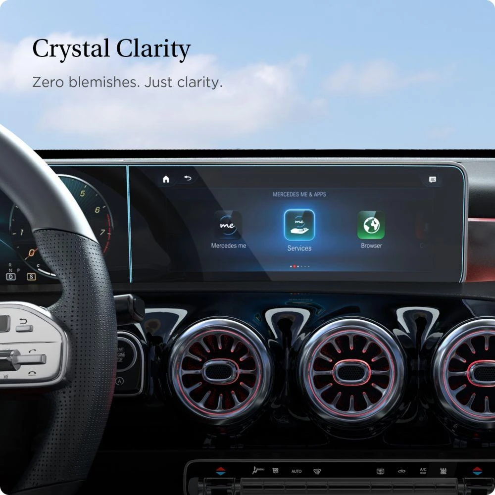 „Spigen Mercedes Benz Glass tR EZ Fit Crystal Clear“ ekrano apsauginių plėvelių pakuotė, 2 vnt. – A klasės 2021/2020 automobiliui