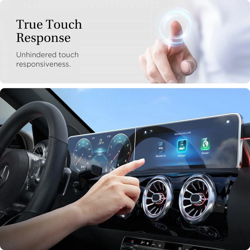 „Spigen Mercedes Benz Glass tR EZ Fit Crystal Clear“ ekrano apsauginių plėvelių pakuotė, 2 vnt. – A klasės 2021/2020 automobiliui
