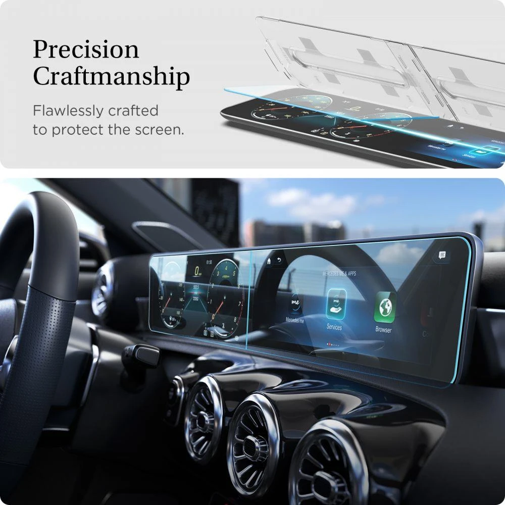 „Spigen Mercedes Benz Glass tR EZ Fit Crystal Clear“ ekrano apsauginių plėvelių pakuotė, 2 vnt. – A klasės 2021/2020 automobiliui